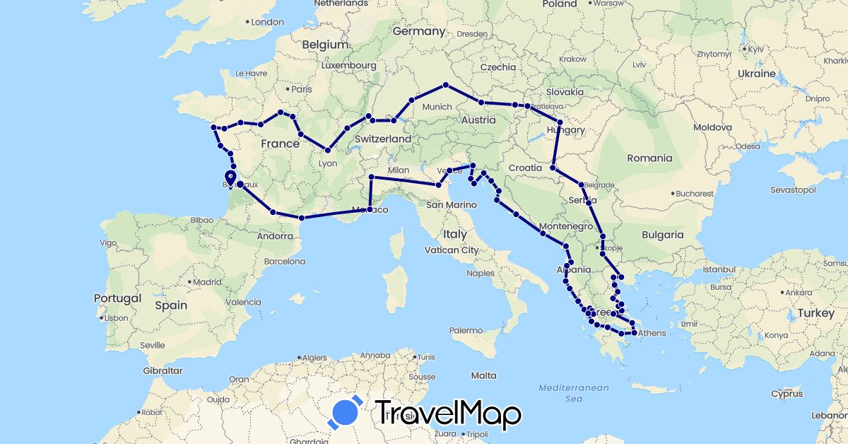 TravelMap itinerary: driving in Albania, Austria, Switzerland, Germany, France, Greece, Croatia, Hungary, Italy, Monaco, Macedonia, Serbia, Slovakia (Europe)